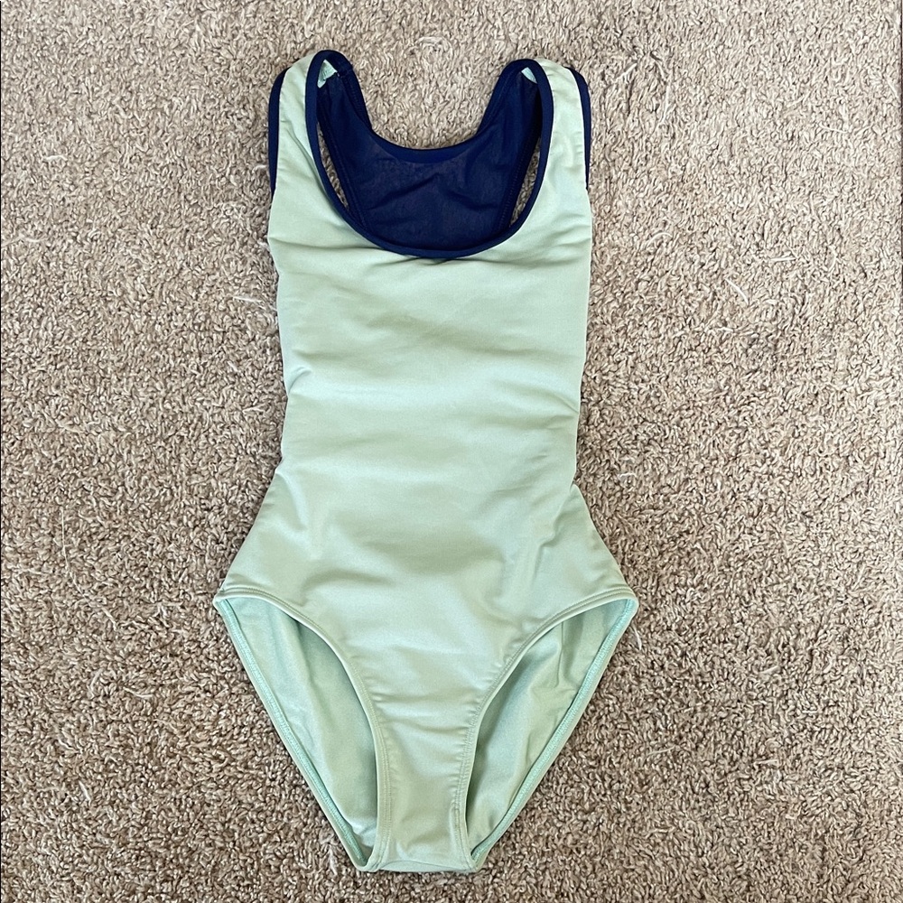 Mariia Crown women’s light green/navy blue mesh back tank leotard XS